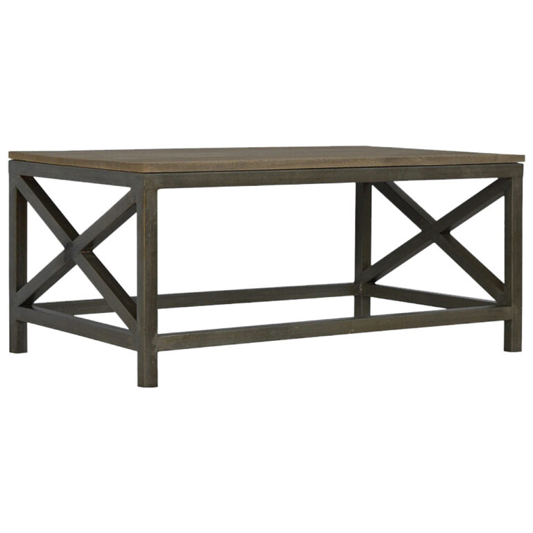 Table basse industrielle en métal croisé couleur avoine